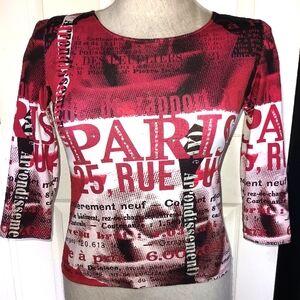 Make offer!! Bellissima 3/4 sleeve stretchy top red&white w rhinestones, Paris